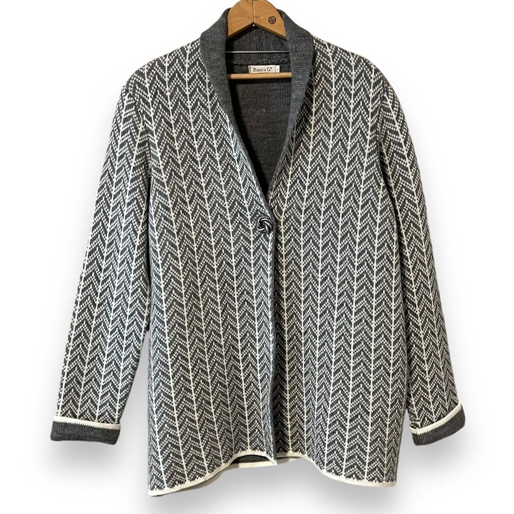 Bianca G Gray Chevron 1 Button Wool Acrylic Cardigan Sweater Womens Large Italy